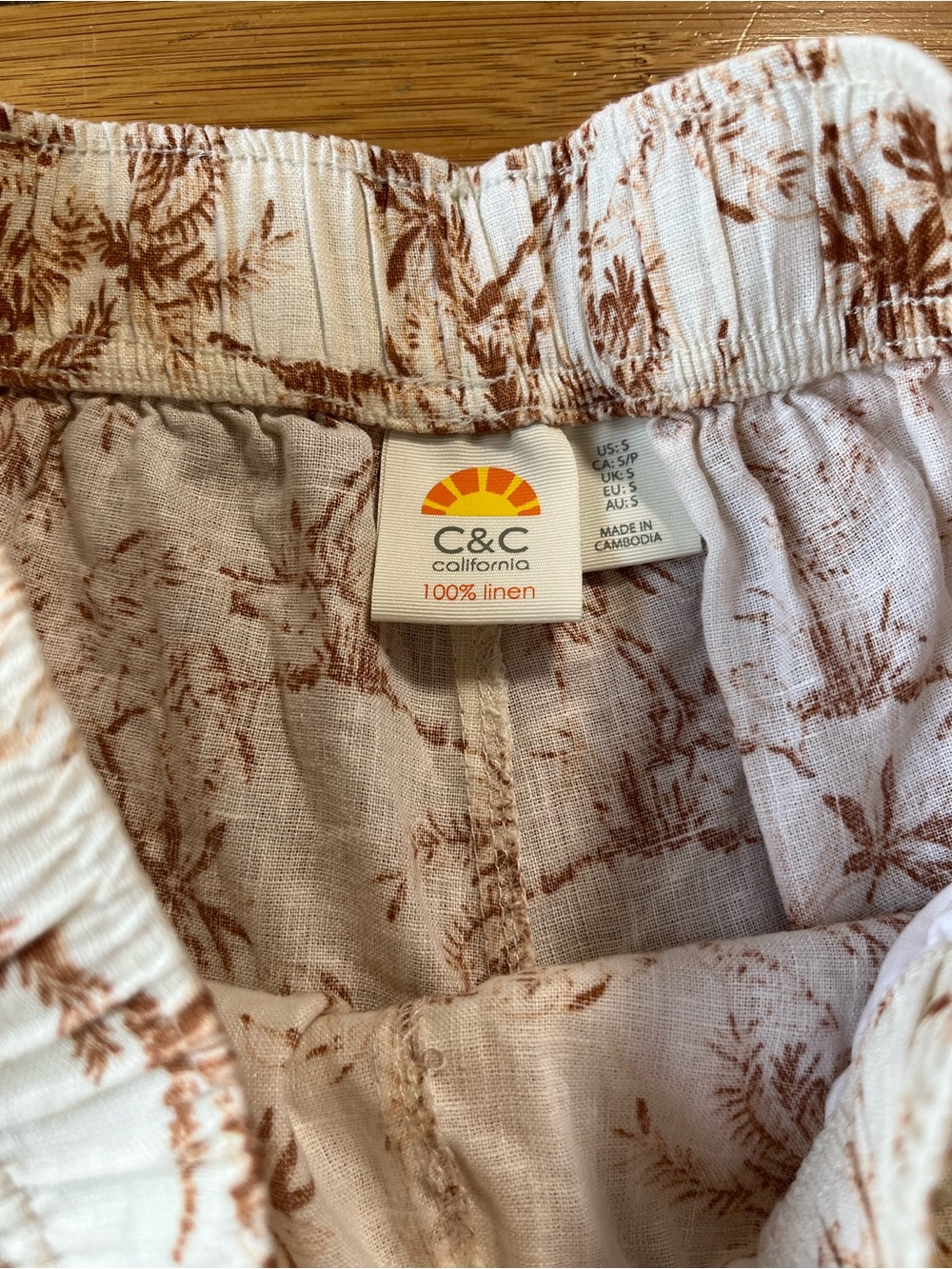 C&C California Cream 100% Linen Wide Leg Pants with Brown Floral Print - Picture 3 of 10